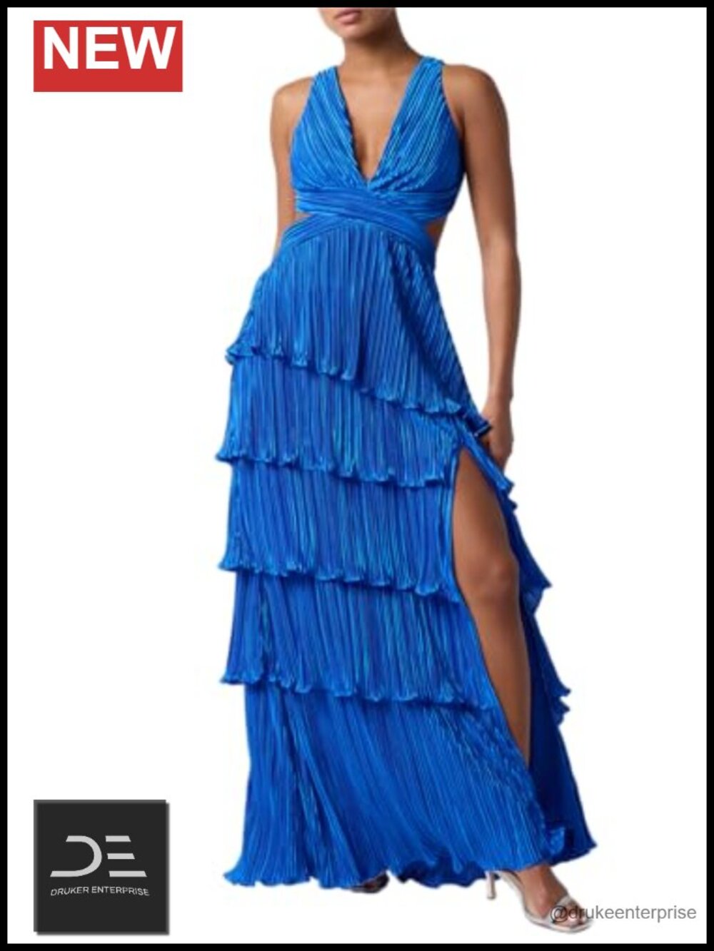 Pleated Plisse Maxi Dress Formal Evening V-Neck Cutout
